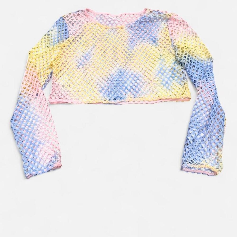Pastel Rainbow Fishnet Mesh Crop Top Long Sleeve Festival Rave Y2K Fairy Grunge